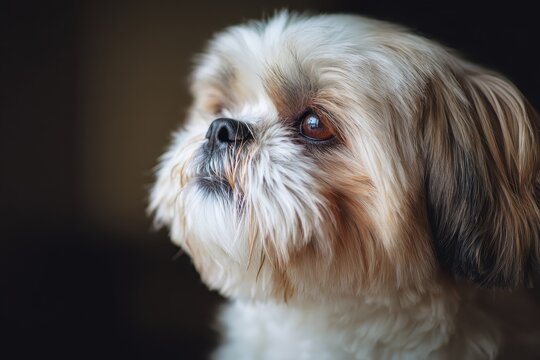 A beautiful close-up showcases a fluffy, cream and tan-colored Shih Tzu gazing upwards with its captivating brown eye and black nose, highlighting its endearing dog portrait