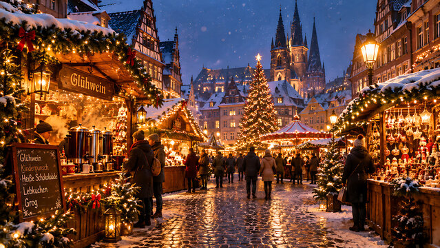 Traditional European Christmas Market in Old Town Square with Festive Stalls, Snow, and Cathedral at Twilight