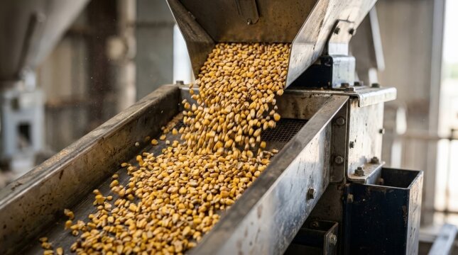 A close-up shot captures yellow corn kernels pouring from a hopper onto a conveyor belt inside a processing facility during a grain silo harvest operation, underscoring the processing plant