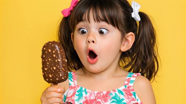 Surprised girl with pigtails holding a chocolate popsicle