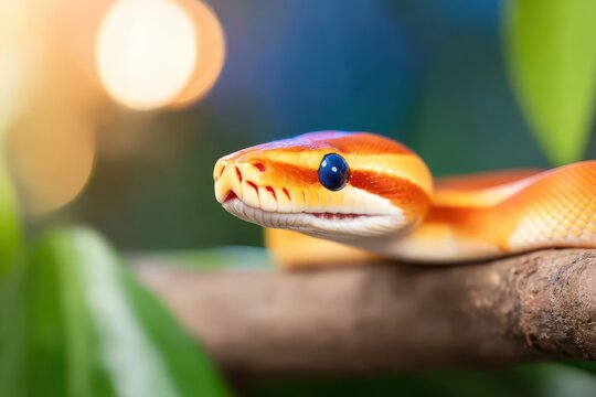 A vibrant albino snake rests upon a branch, showcasing the beauty of this colorful reptile in a natural outdoor environment. The detailed focus highlights its unique blue eye