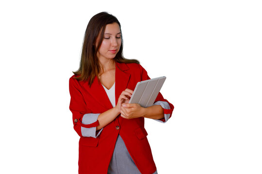 Woman in red blazer using tablet for business communication, productivity, and digital management with transparent background