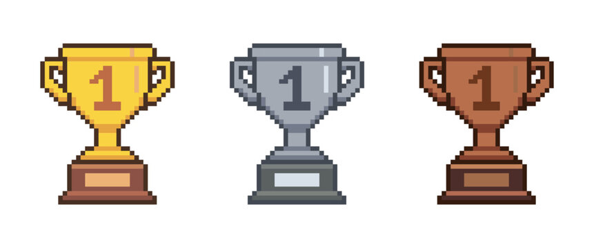 Pixel Art Trophies. A set of pixel art trophies representing gold, silver, and bronze medalists, each marked with the number one, set against a white backdrop.