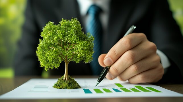 Business hand signs a growth chart beside a tree model, symbolizing strategy, esg initiative and urban sustainability planning.