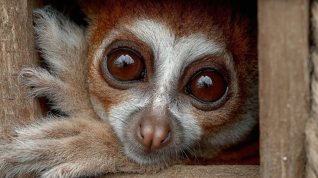 Up-close view of a cute and furry Slow Loris, with its big round eyes, is peering out from a wooden enclosure, a captivating image showcasing wildlife and nature