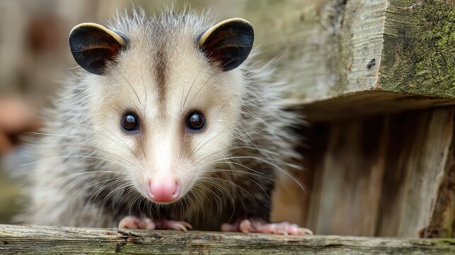 A close-up of an adorable possum with its distinctive pink nose, peering out from behind a wooden structure. This animal portrait captures the charm of wildlife