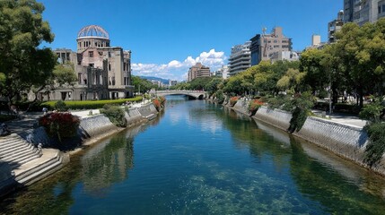 Obraz premium Hiroshima cityscape. Atomic Bomb Dome contrasts with a tranquil river and city, reflecting history