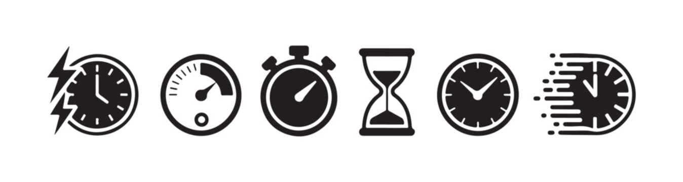 Urgency and speed timing indicators set with black clock symbols for prompt dispatch delivery services.