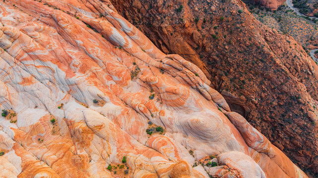 Aerial view of the swirling sandstone rock formations of Zion National Park in Utah, United States.