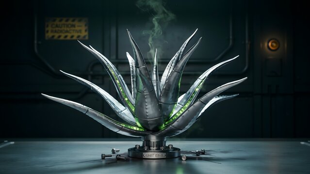 Metallic succulent sculpture featuring glowing green internal light and rising smoke placed upon a cold industrial laboratory steel table surface