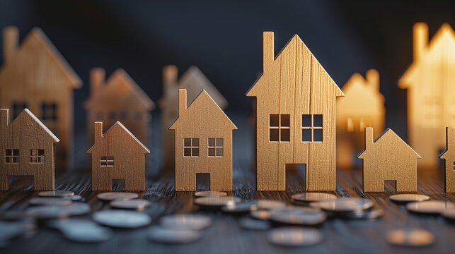 Miniature houses on coin stack symbolize real estate investment, home ownership, housing value, and financial growth.
