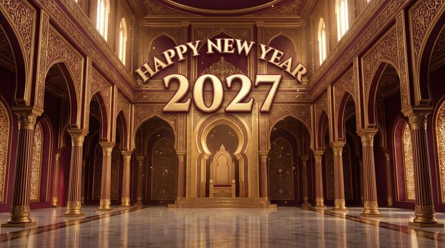 A majestic Happy New Year 2027 greeting card featuring a grand ornate palace interior with golden arches and columns under a warm glow with elegant typography centered in the opulent architecture