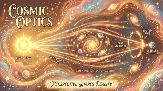 Gravitational Lensing Diagram Explaining Cosmic Optics and Light Bending in Deep Space