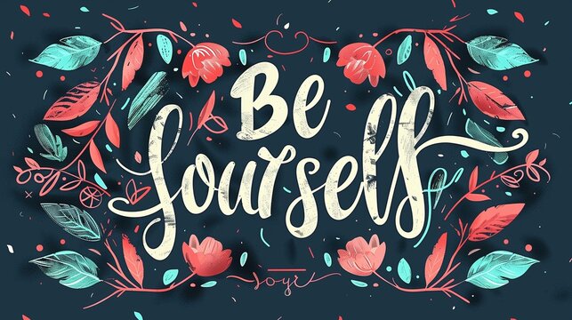 Decorative be yourself lettering with floral frame and leaf ornament, expressing self acceptance, motivation and inspirational positivity.
