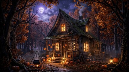 Fototapeta premium Spooky 3d halloween haunted house scene with glowing pumpkins under a full moon