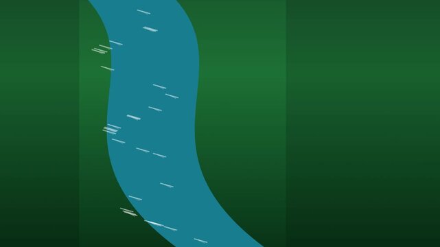 Aerial minimalist illustration of winding blue river with white flow lines on abstract dark green background
