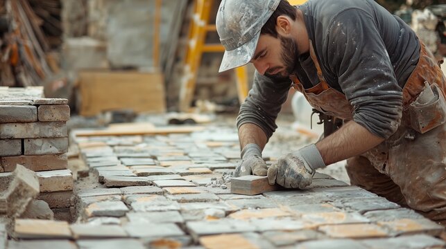 Mason carefully laying brick and stone on a construction site, showing skilled masonry work, precision, and craftsmanship in building a wall.
