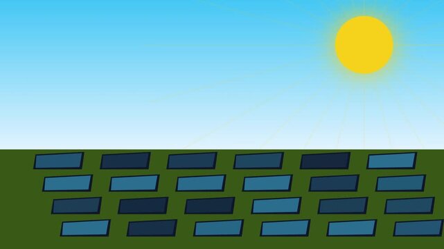 Animated solar panel farm generating clean renewable energy under bright yellow sun on clear blue sky
