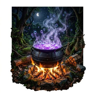 Witchs cauldron bubbling with purple potion and smoke in a magical forest at night with a crescent moon