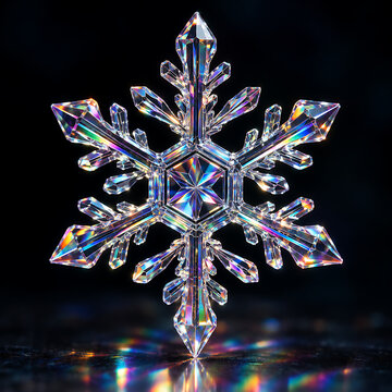 Intricate Crystal Snowflake with Prismatic Rainbow Light Reflections on Dark Background