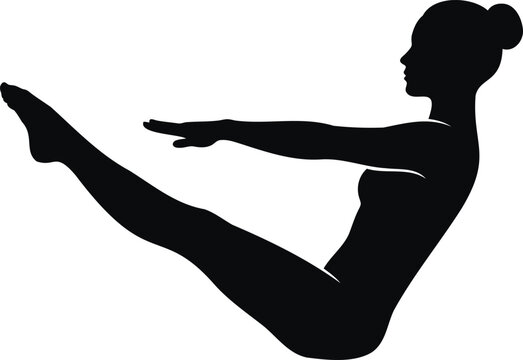 Black silhouette of a female gymnast performing av-sit balance pose, isolated on a white background, athletic exercise, icon