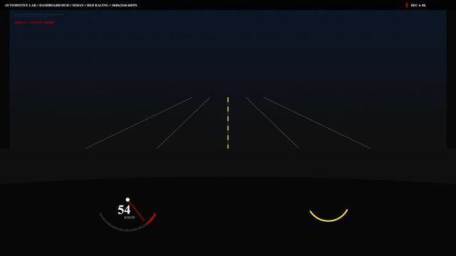 Minimalist Automotive HUD Dashboard Showing Night Road With Accelerating Digital Speedometer And Lane Markings