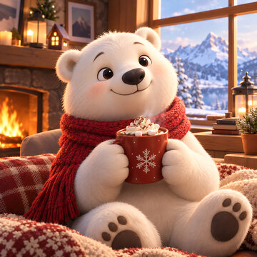 Cute Polar Bear Character in Red Scarf Drinking Hot Cocoa in Cozy Winter Cabin by a Fireplace