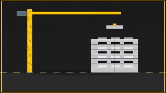 Yellow tower crane building modern gray office building construction process flat animation vector design