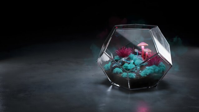 Glowing bioluminescent mushrooms grow inside a modern glass geometric terrarium against a dark background with vibrant neon circuit light accents