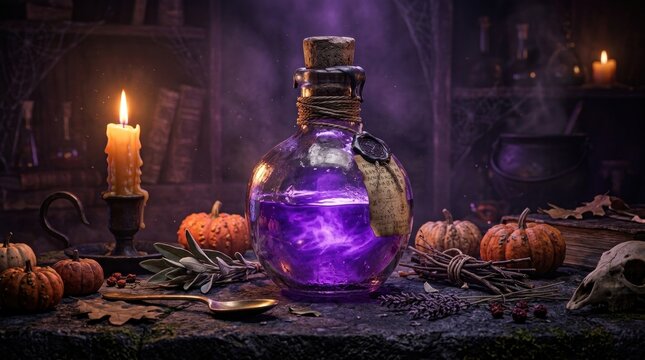 Mystical 3d halloween potion bottle surrounded by glowing candles and small decorative pumpkins