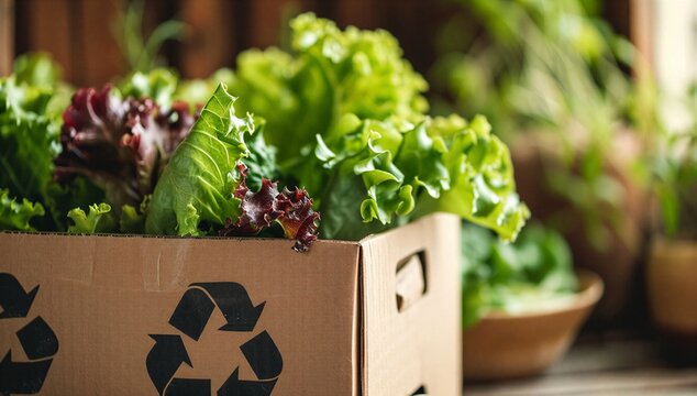 Fresh lettuce in recyclable cardboard box with recycle icon, showing sustainable organic produce packaging and eco conscious food delivery.
