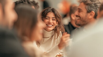 Obraz premium Diverse group of friends laughing and enjoying a casual gathering, highlighting connection and happiness