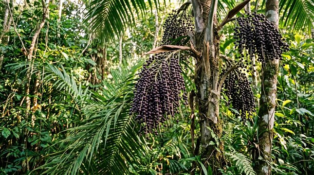 Ripe Acai Berry Clusters Growing on Palm Trees in the Amazon Rainforest, Natural Tropical Agriculture and Superfood Harvest Concept