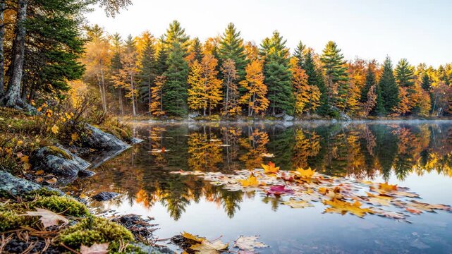 Autumnal Serenity: A tranquil lake reflects the vibrant hues of a surrounding forest ablaze with autumn colors, creating a breathtaking natural panorama.