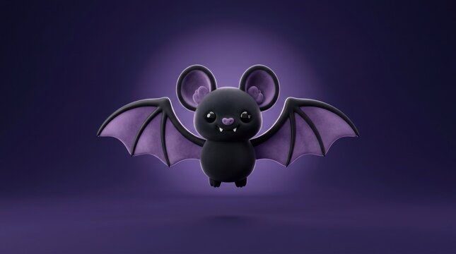 Cute 3d halloween bat character floating against a dark purple glowing background