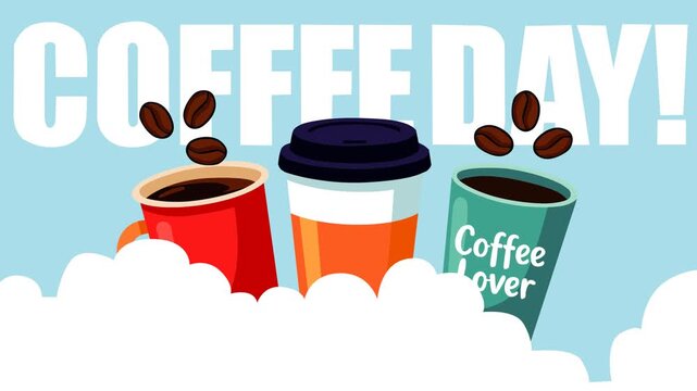 Colorful Coffee Day animated motion graphic background featuring coffee cups, floating beans, bold typography, and clouds