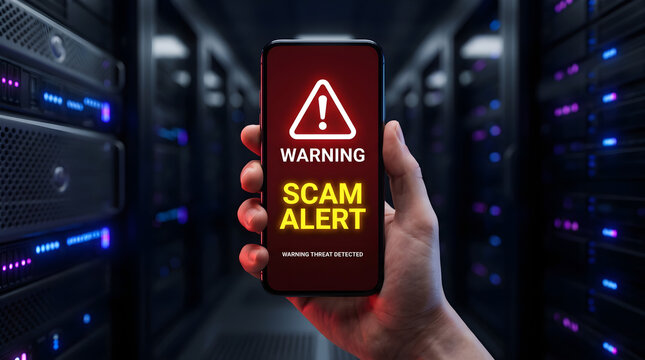 A hand holding a smartphone displaying a scam alert warning message inside a dark server room data center environment