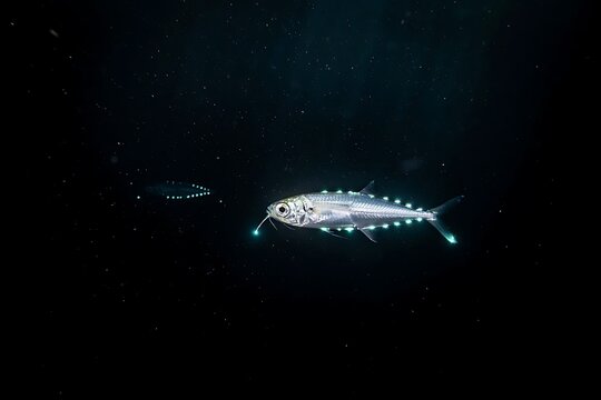 Bioluminescent Lanternfish Side Profile Swimming in Dark Deep Ocean Depth