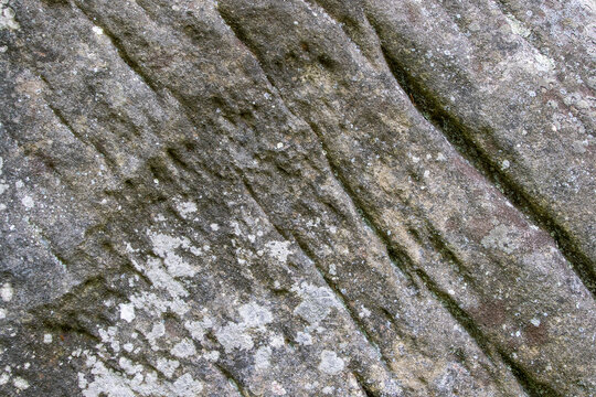 Layered rock formation texture with subtle moss growing