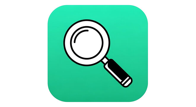 Magnifying glass icon featuring a black outline on a vibrant green rounded square background
