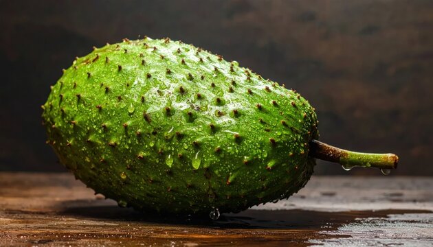 Fresh whole soursop fruit on wet wooden surface.