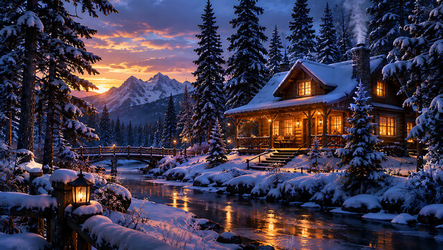 Cozy Illuminated Log Cabin in Snowy Winter Mountain Landscape at Sunset