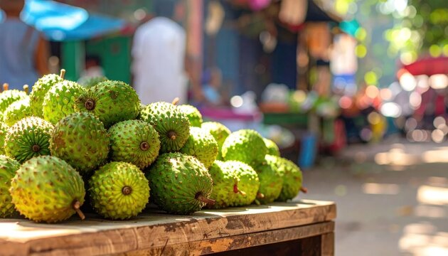 Fresh green sugar apples stacked at outdoor market