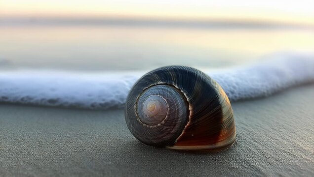 A Beautiful Shell on the Shoreline as Waves Gently Roll In