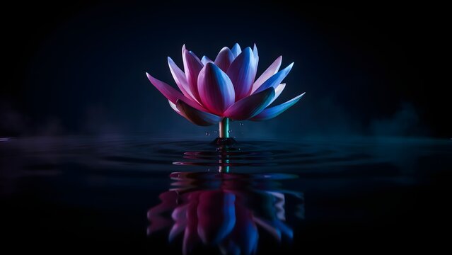 Radiant pink lotus flower glows with ethereal blue light while resting gracefully upon dark rippling water in a serene atmosphere