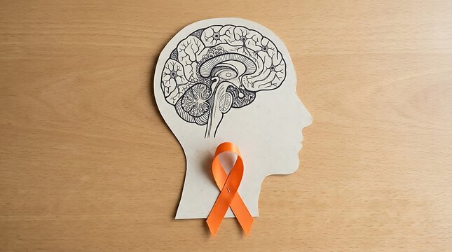 Human head silhouette with brain illustration and orange awareness ribbon on wood table