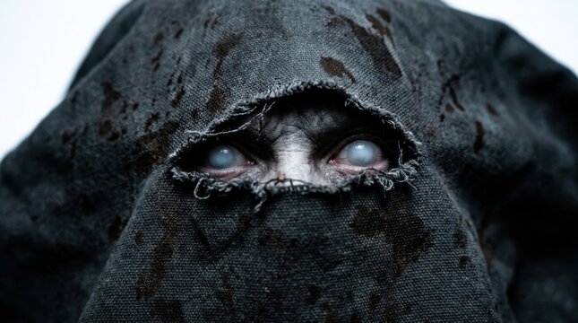 Closeup of a person wearing a dark, bloodstained hood with piercing, milky white blind eyes, creating a terrifying and ominous horror character portrait