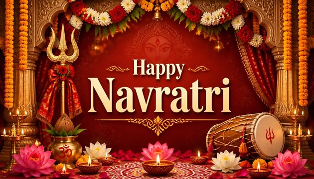 Happy Navratri festive greeting card with trident red hibiscus flowers and lit clay diyas on decorated background.