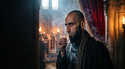 Obraz premium In a church shrouded in smoke and candlelight, a man with a beard and short hair, dressed in priestly vestments, holds incense in his hands and sniffs, while smoke surrounds him.
