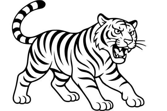 Tiger Coloring Page Illustration, Black and White Wildlife Line Art